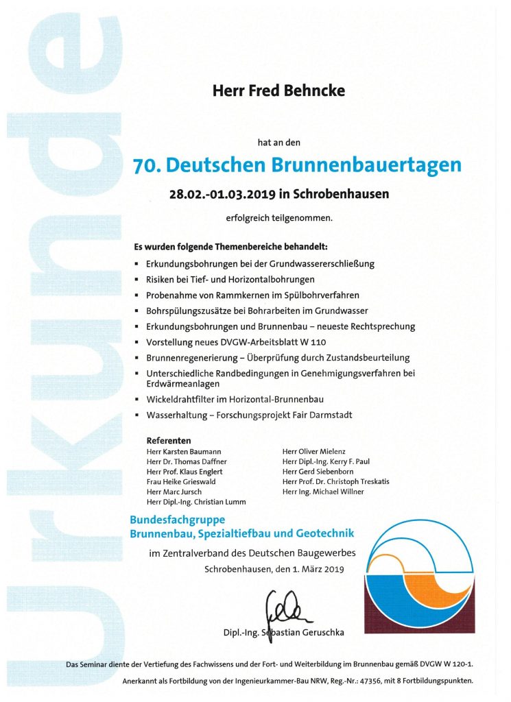 Urkunde Teilnahme 70.Deutsche Brunnenbauertage 2019 001