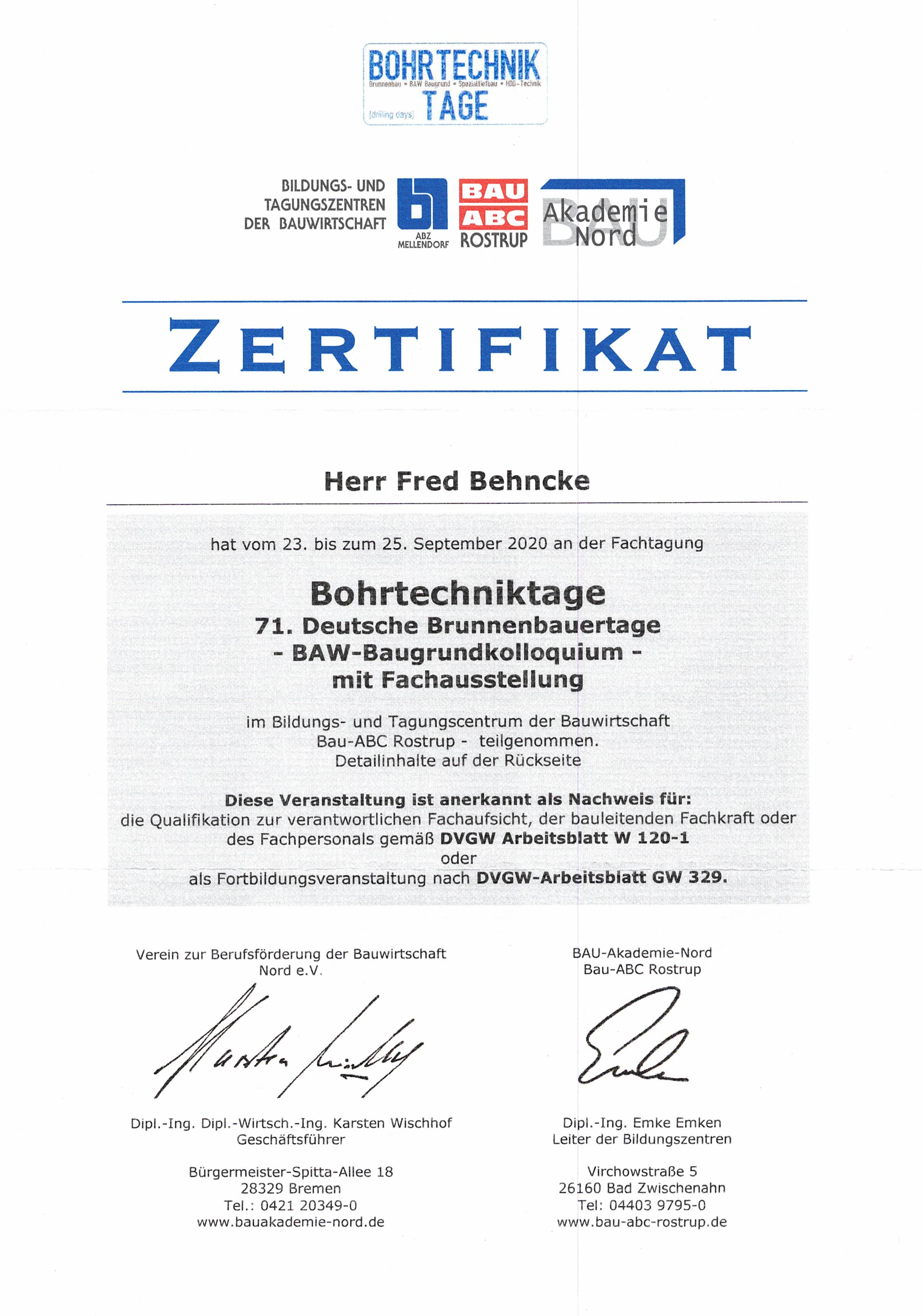 Zertifikat 71.Deutsche Brunnenbauertage 2020
